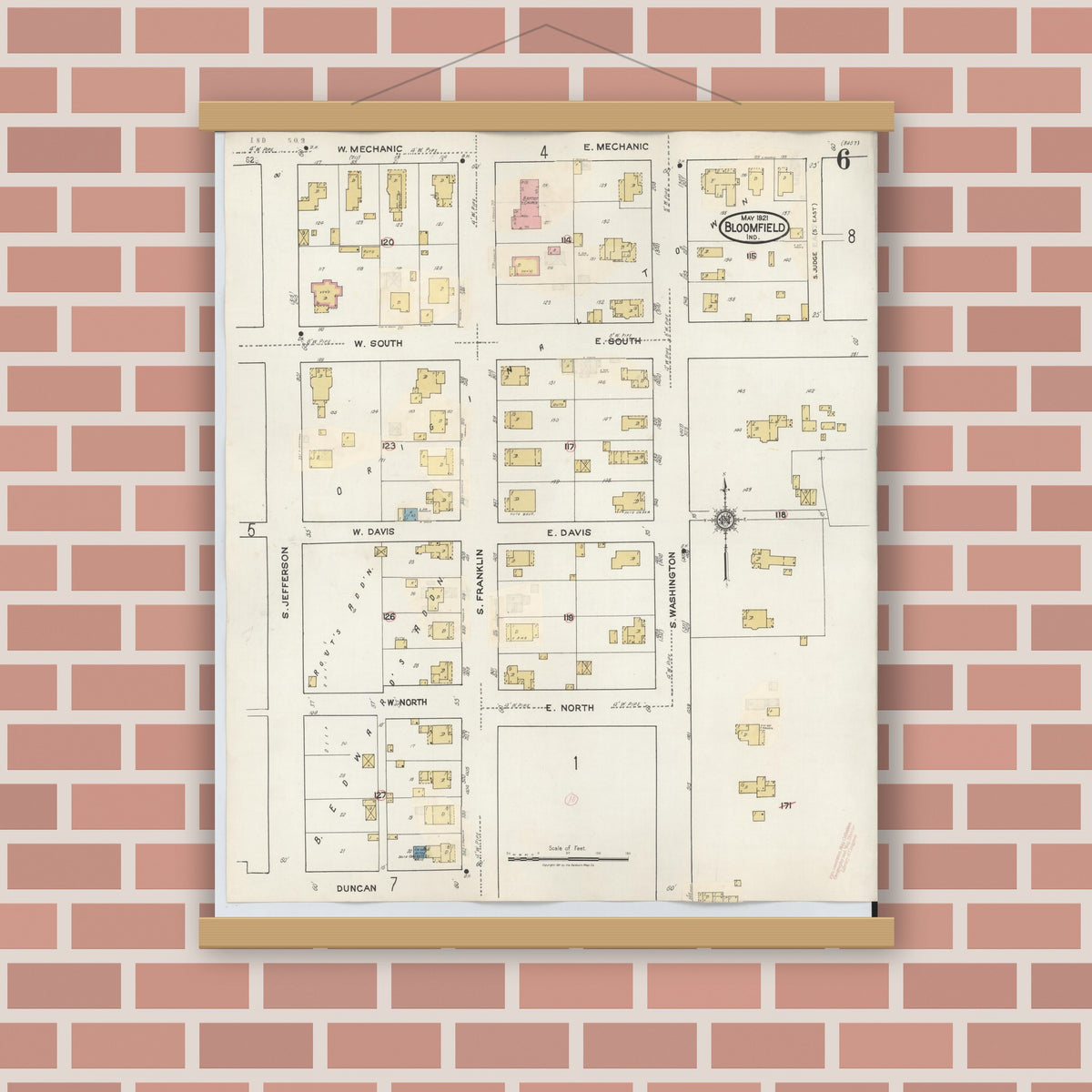 Old map wall art mockup — magnetic wood frame on brick wall — Sanborn Fire Insurance Map from Bloomfield, Greene County, Indiana (1940), Sheet #0006