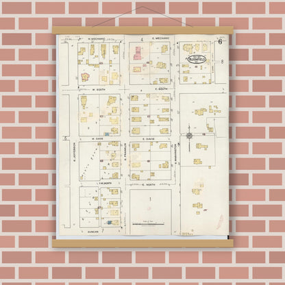 Old map wall art mockup — magnetic wood frame on brick wall — Sanborn Fire Insurance Map from Bloomfield, Greene County, Indiana (1940), Sheet #0006