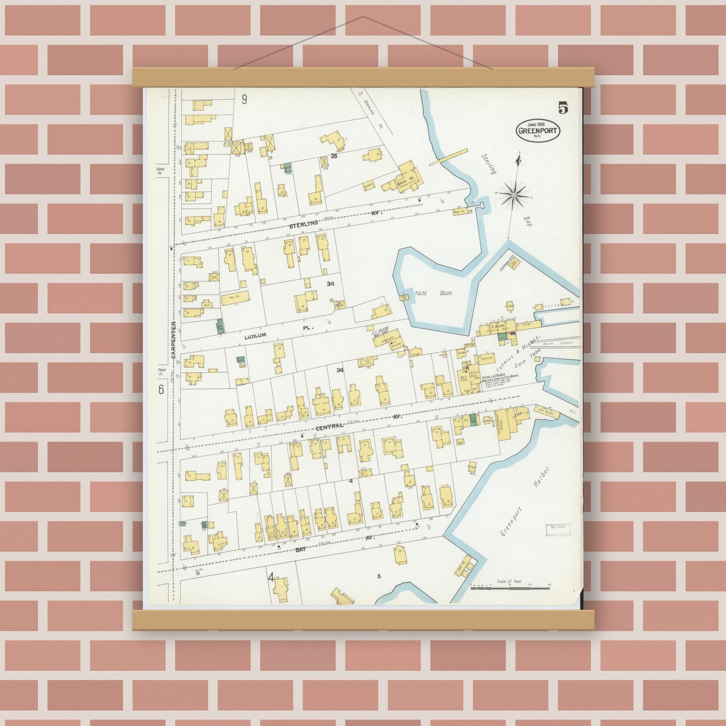 Old map wall art mockup — magnetic wood frame on brick wall — Sanborn Fire Insurance Map from Greenport, Suffolk County, New York (1902), Sheet #0005