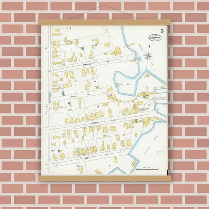 Old map wall art mockup — magnetic wood frame on brick wall — Sanborn Fire Insurance Map from Greenport, Suffolk County, New York (1902), Sheet #0005