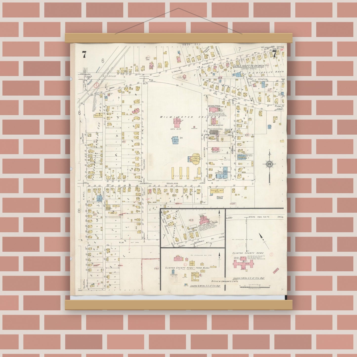 Old map wall art mockup — magnetic wood frame on brick wall — Sanborn Fire Insurance Map from Wilmington, Clinton County, Ohio (1949), Sheet #0007