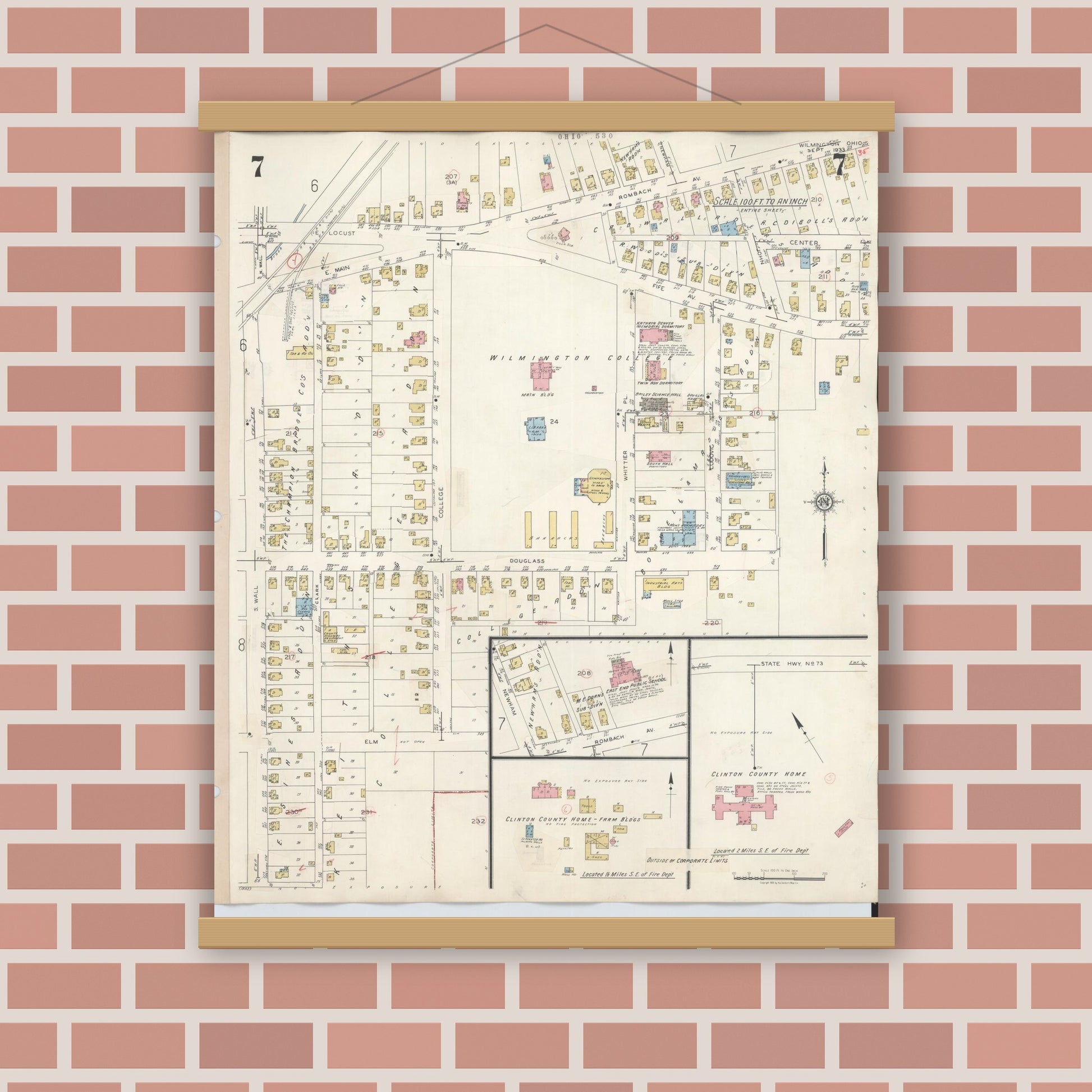 Old map wall art mockup — magnetic wood frame on brick wall — Sanborn Fire Insurance Map from Wilmington, Clinton County, Ohio (1949), Sheet #0007