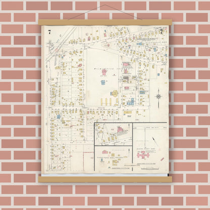 Old map wall art mockup — magnetic wood frame on brick wall — Sanborn Fire Insurance Map from Wilmington, Clinton County, Ohio (1949), Sheet #0007