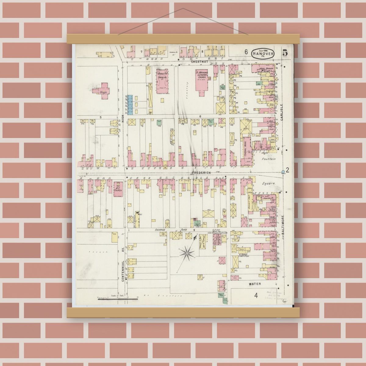 Old map wall art mockup — magnetic wood frame on brick wall — Sanborn Fire Insurance Map from Hanover, York County, Pennsylvania (1896), Sheet #0005