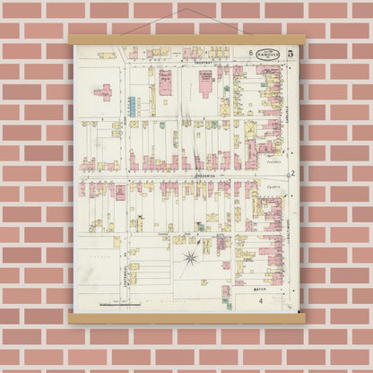 Old map wall art mockup — magnetic wood frame on brick wall — Sanborn Fire Insurance Map from Hanover, York County, Pennsylvania (1896), Sheet #0005