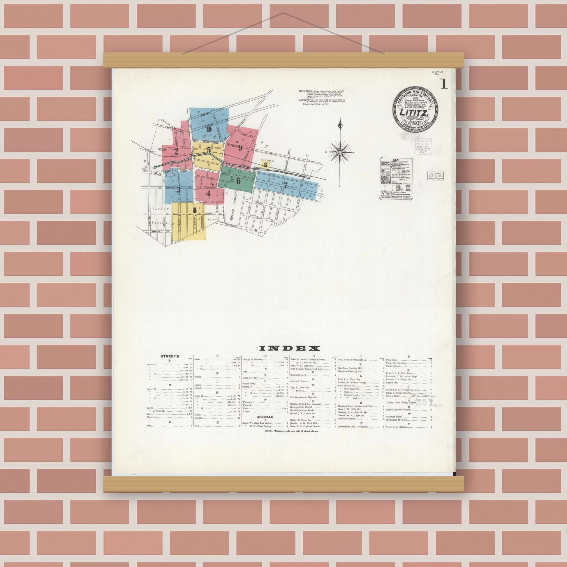 Old map wall art mockup — magnetic wood frame on brick wall — Sanborn Fire Insurance Map from Lititz, Lancaster County, Pennsylvania (1904) - Complete Map Set