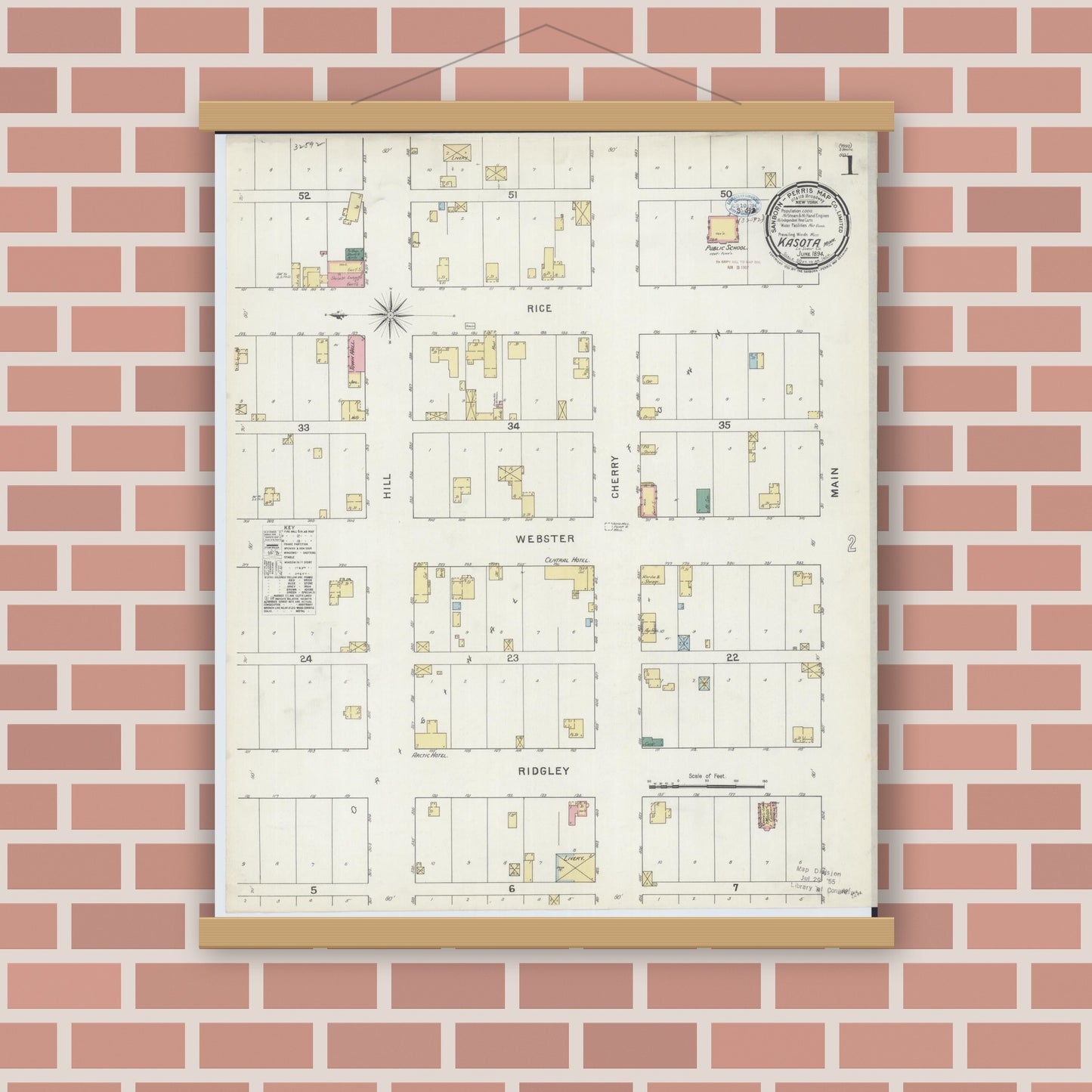 Old map wall art mockup — magnetic wood frame on brick wall — Sanborn Fire Insurance Map from Kasota, Le Sueur County, Minnesota (1894) - Complete Map Set