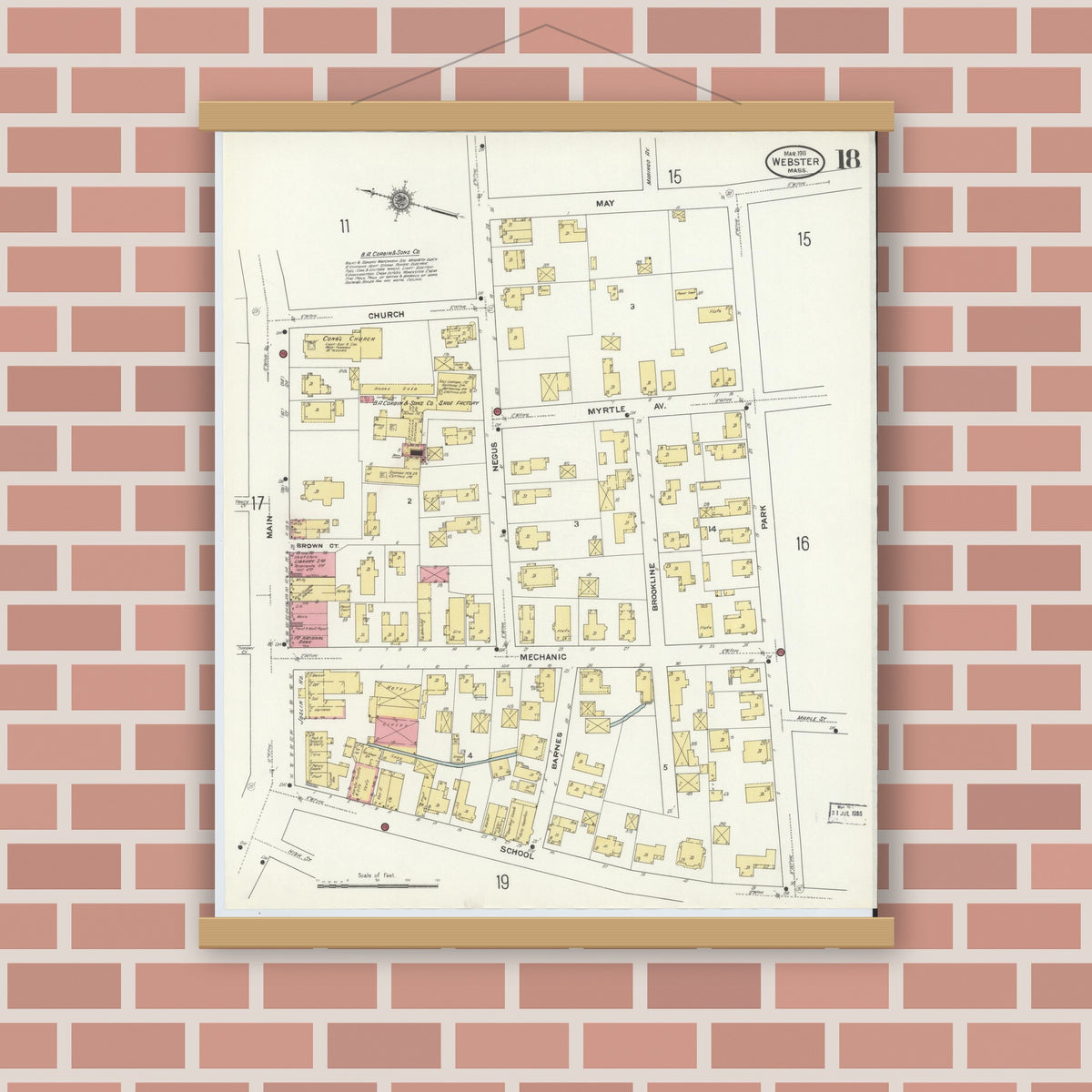 Old map wall art mockup — magnetic wood frame on brick wall — Sanborn Fire Insurance Map from Webster, Worcester County, Massachusetts (1911), Sheet #0018