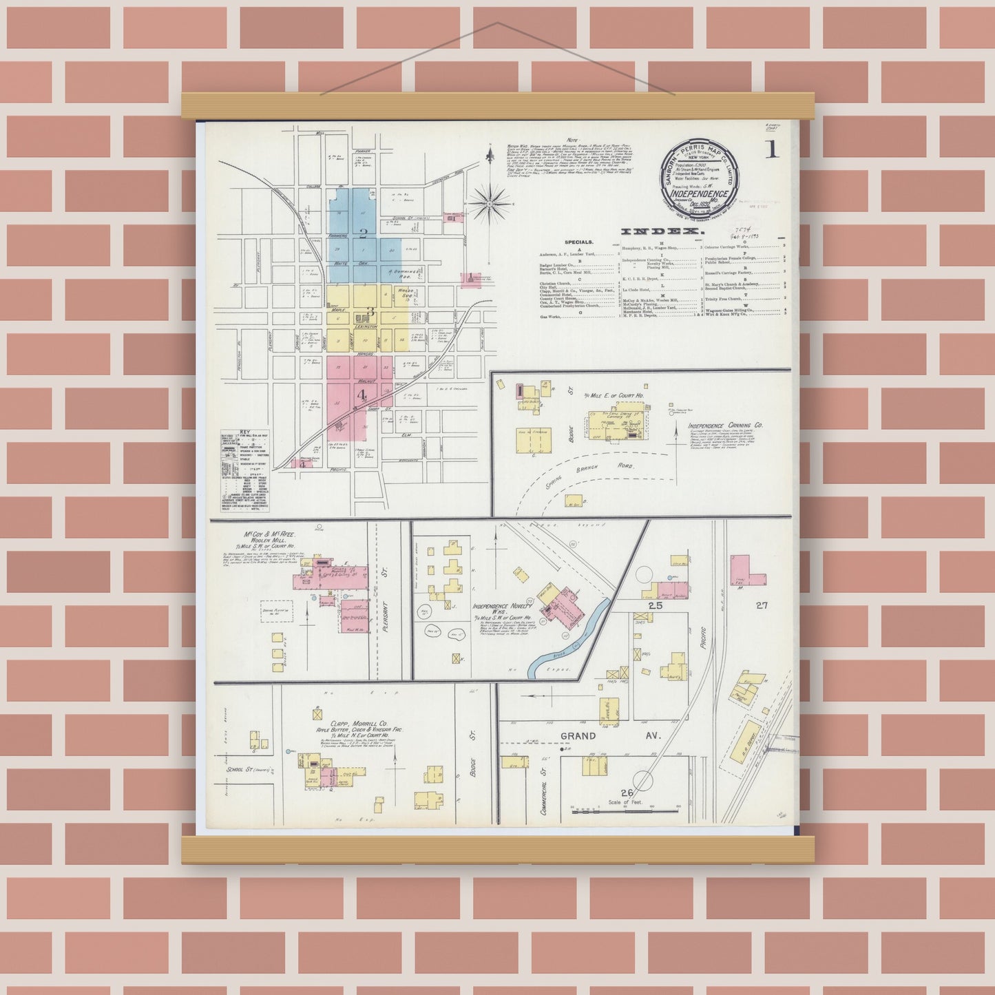 Old map wall art mockup — magnetic wood frame on brick wall — Sanborn Fire Insurance Map from Independence, Jackson County, Missouri (1892) - Complete Map Set