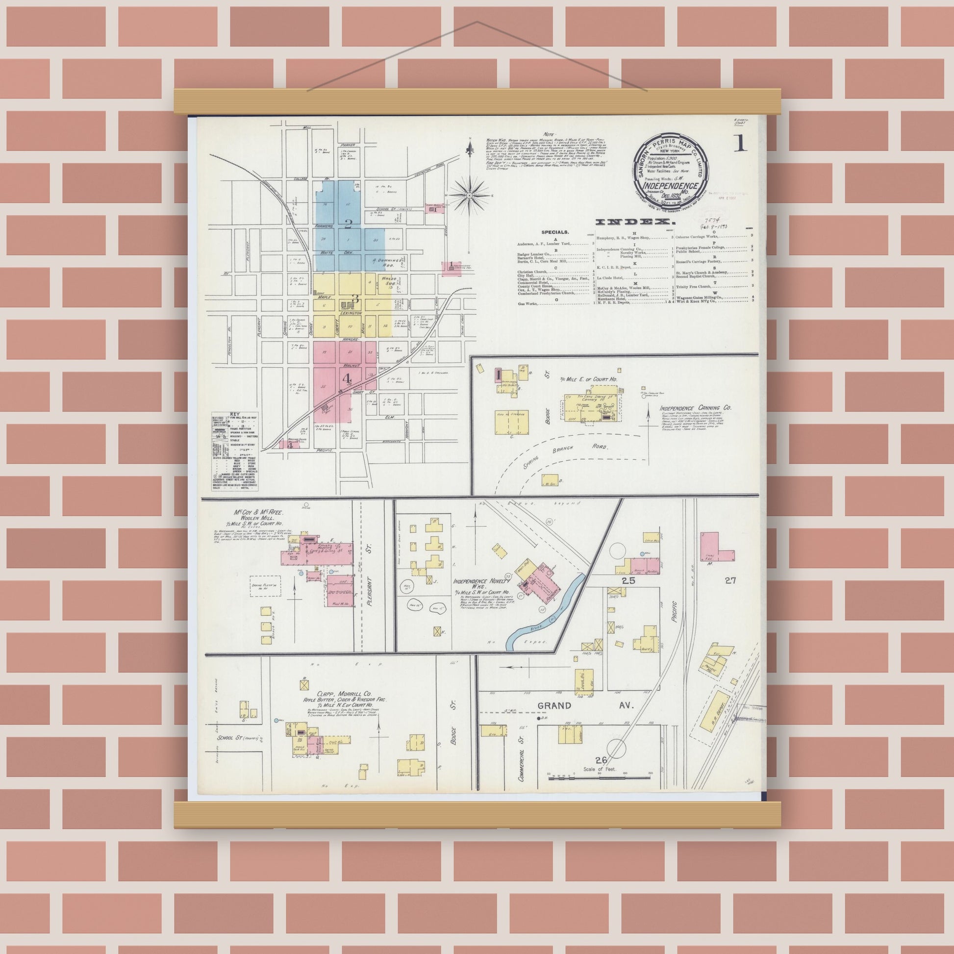 Old map wall art mockup — magnetic wood frame on brick wall — Sanborn Fire Insurance Map from Independence, Jackson County, Missouri (1892) - Complete Map Set
