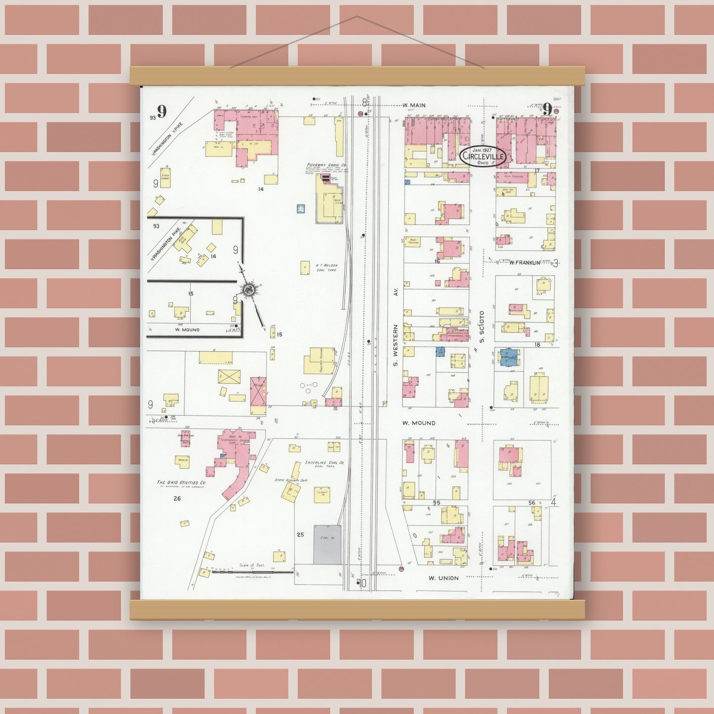 Old map wall art mockup — magnetic wood frame on brick wall — Sanborn Fire Insurance Map from Circleville, Pickaway County, Ohio (1927), Sheet #0009