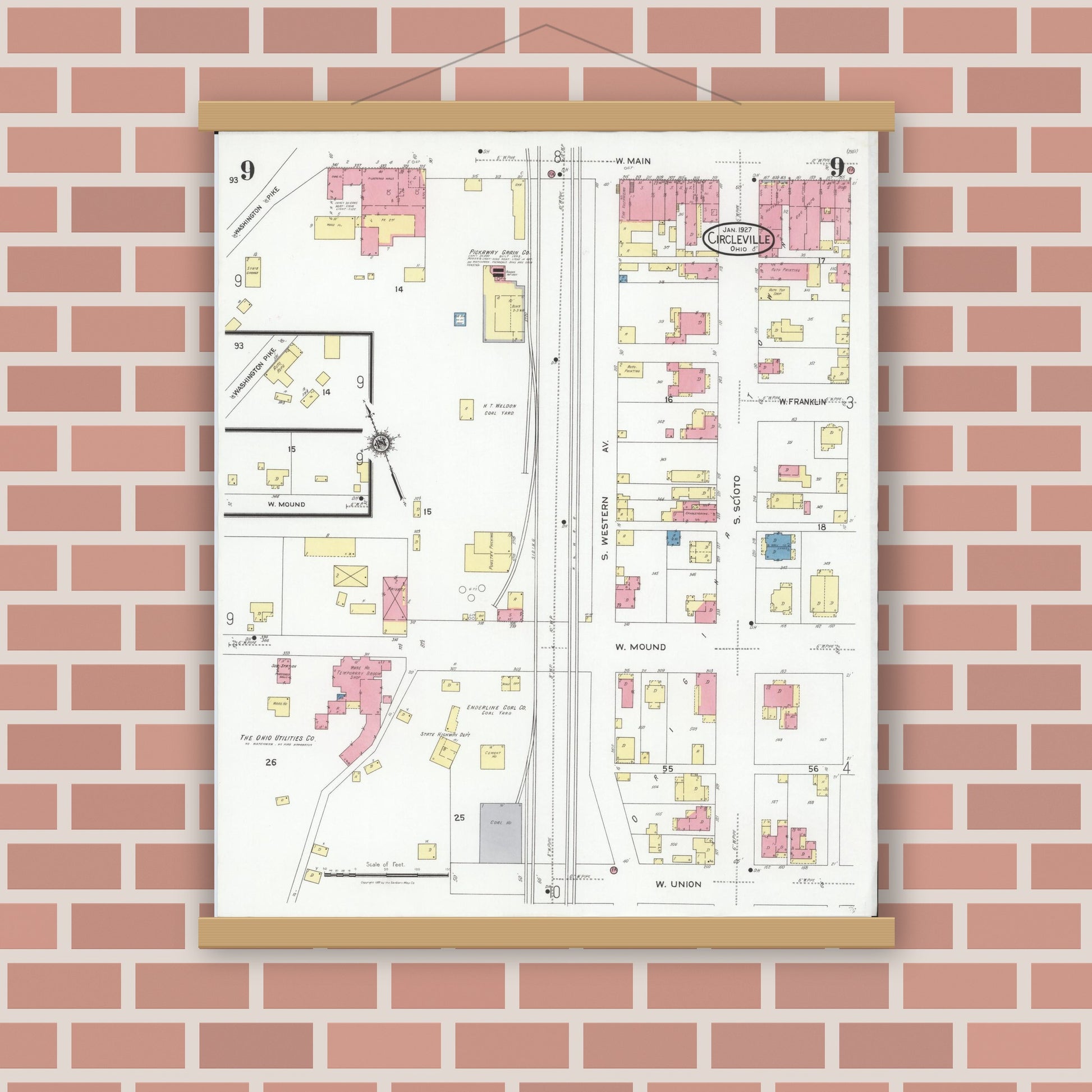 Old map wall art mockup — magnetic wood frame on brick wall — Sanborn Fire Insurance Map from Circleville, Pickaway County, Ohio (1927), Sheet #0009