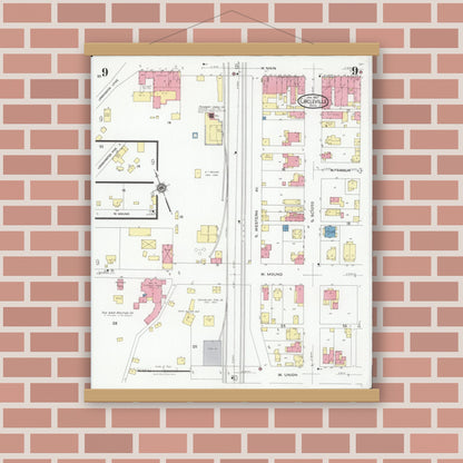 Old map wall art mockup — magnetic wood frame on brick wall — Sanborn Fire Insurance Map from Circleville, Pickaway County, Ohio (1927), Sheet #0009