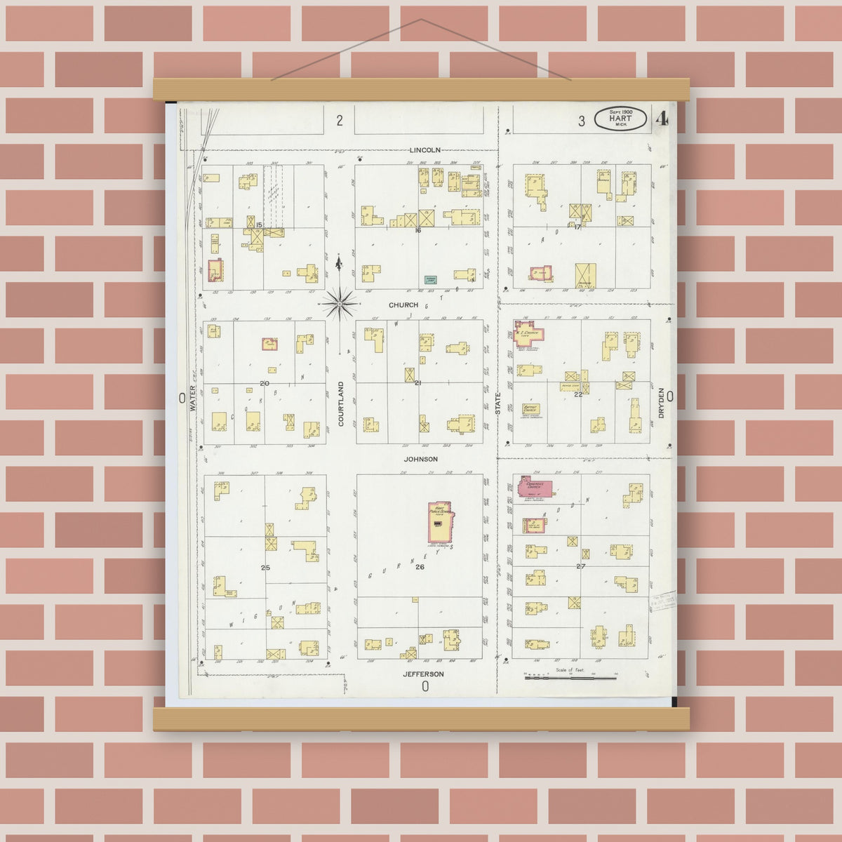 Old map wall art mockup — magnetic wood frame on brick wall — Sanborn Fire Insurance Map from Hart, Oceana County, Michigan (1900), Sheet #0004