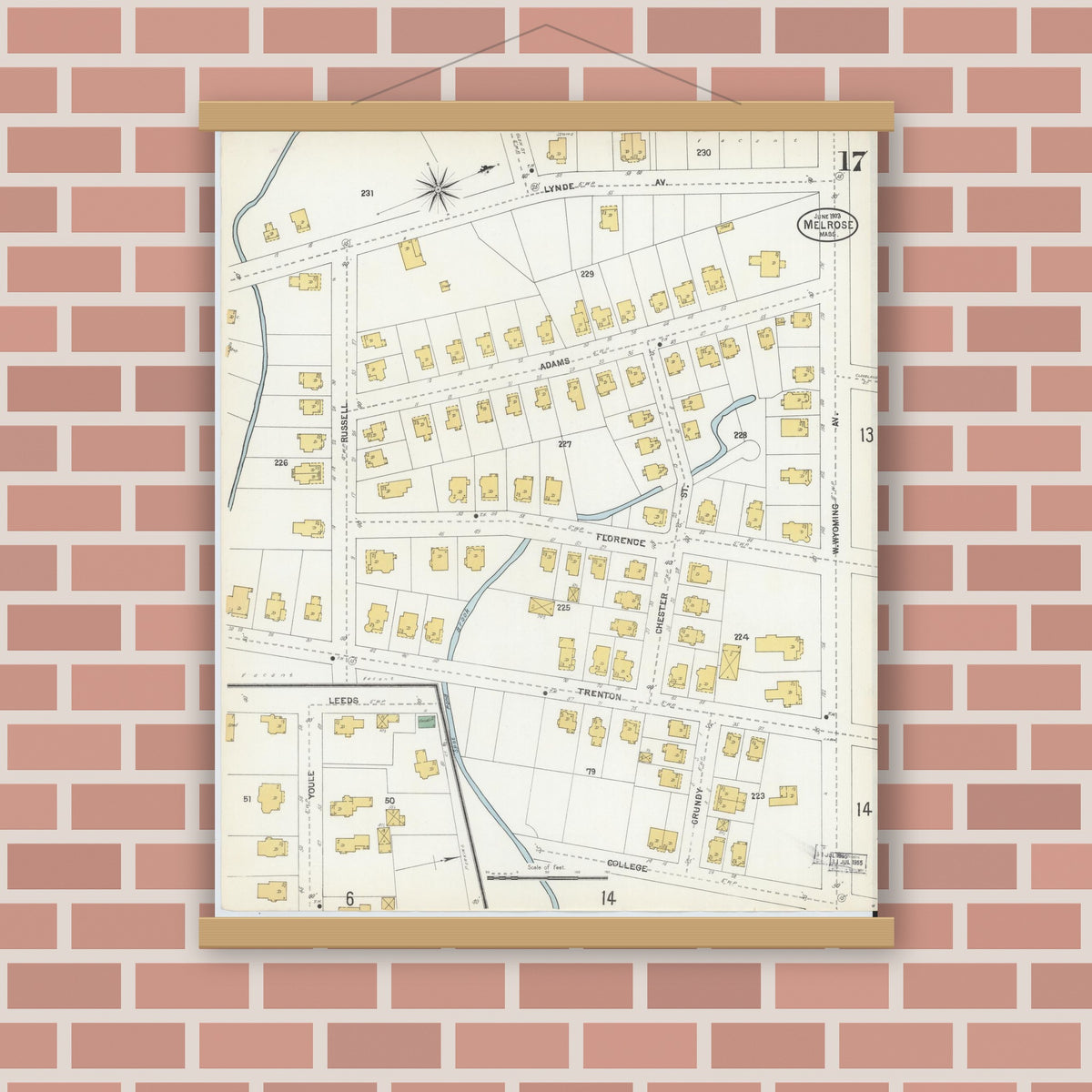 Old map wall art mockup — magnetic wood frame on brick wall — Sanborn Fire Insurance Map from Melrose, Middlesex County, Massachusetts (1903), Sheet #0017