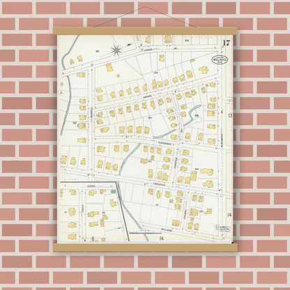 Old map wall art mockup — magnetic wood frame on brick wall — Sanborn Fire Insurance Map from Melrose, Middlesex County, Massachusetts (1903), Sheet #0017