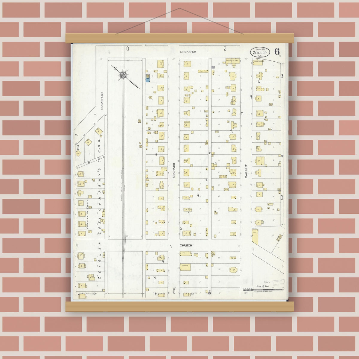 Old map wall art mockup — magnetic wood frame on brick wall — Sanborn Fire Insurance Map from Zeigler, Franklin County, Illinois (1921), Sheet #0006
