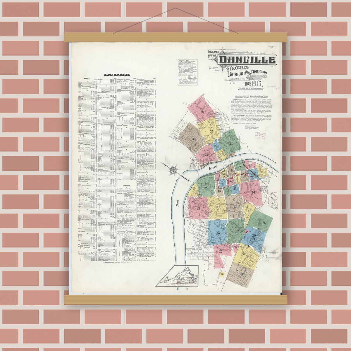 Old map wall art mockup — magnetic wood frame on brick wall — Sanborn Fire Insurance Map from Danville, Independent Cities, Virginia (1915) - Complete Map Set
