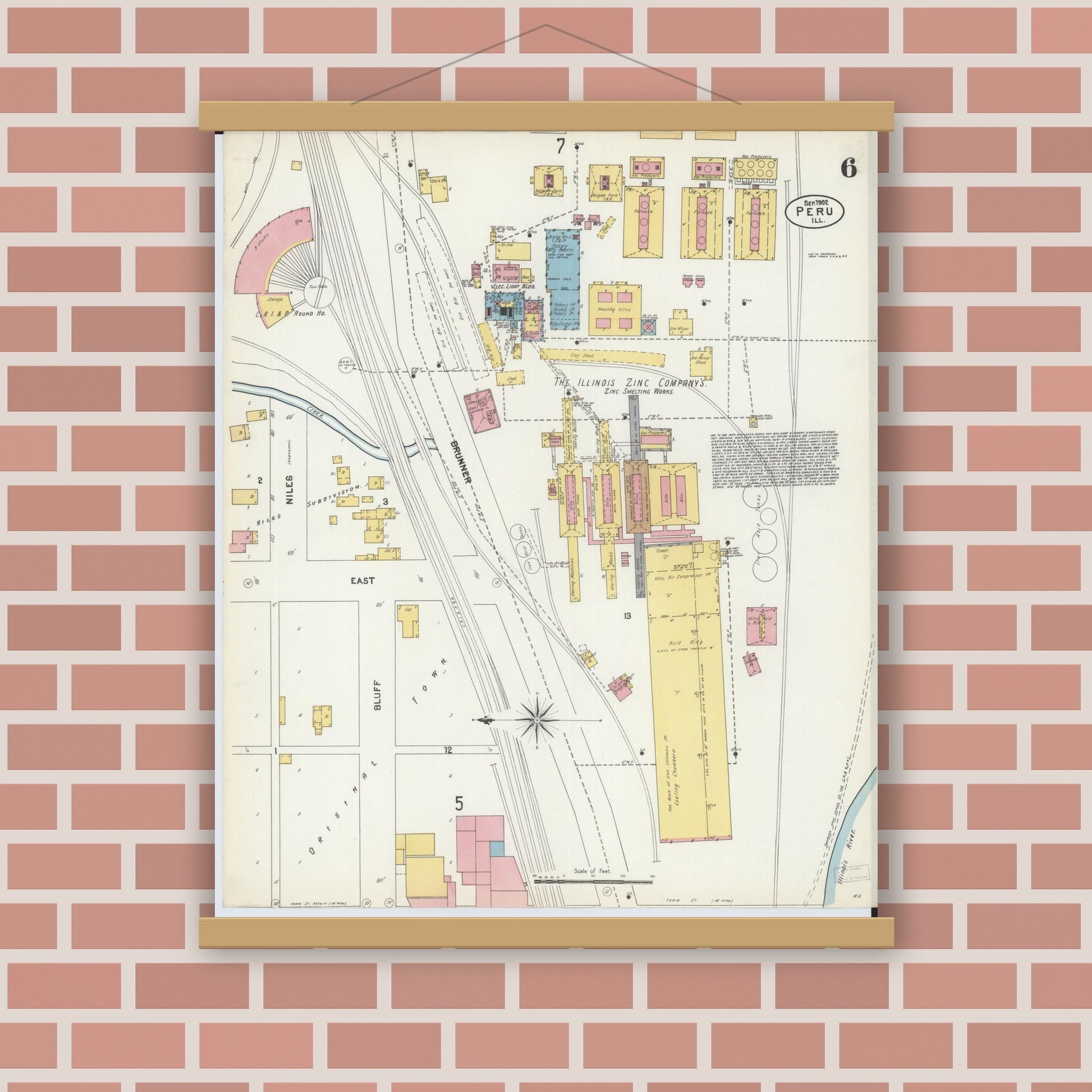 Old map wall art mockup — magnetic wood frame on brick wall — Sanborn Fire Insurance Map from Peru, La Salle County, Illinois (1902), Sheet #0006