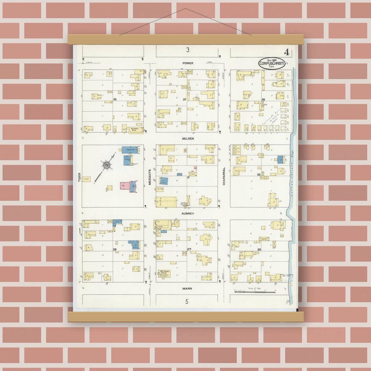 Old map wall art mockup — magnetic wood frame on brick wall — Sanborn Fire Insurance Map from Corpus Christi, Nueces County, Texas (1909), Sheet #0004
