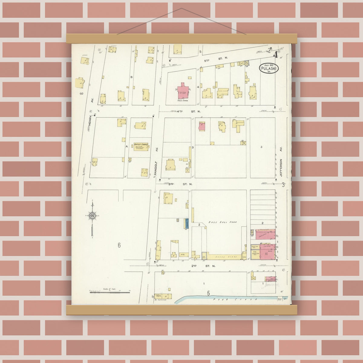 Old map wall art mockup — magnetic wood frame on brick wall — Sanborn Fire Insurance Map from Pulaski, Pulaski County, Virginia (1913), Sheet #0004