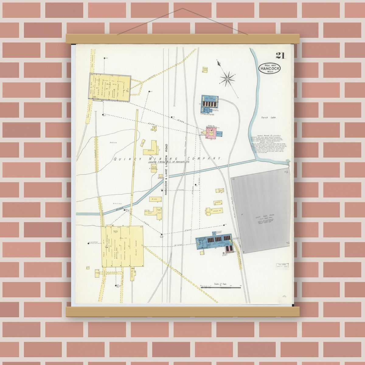 Old map wall art mockup — magnetic wood frame on brick wall — Sanborn Fire Insurance Map from Hancock, Houghton County, Michigan (1907), Sheet #0021