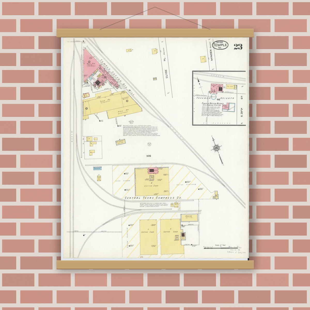 Old map wall art mockup — magnetic wood frame on brick wall — Sanborn Fire Insurance Map from Temple, Bell County, Texas (1915), Sheet #0023