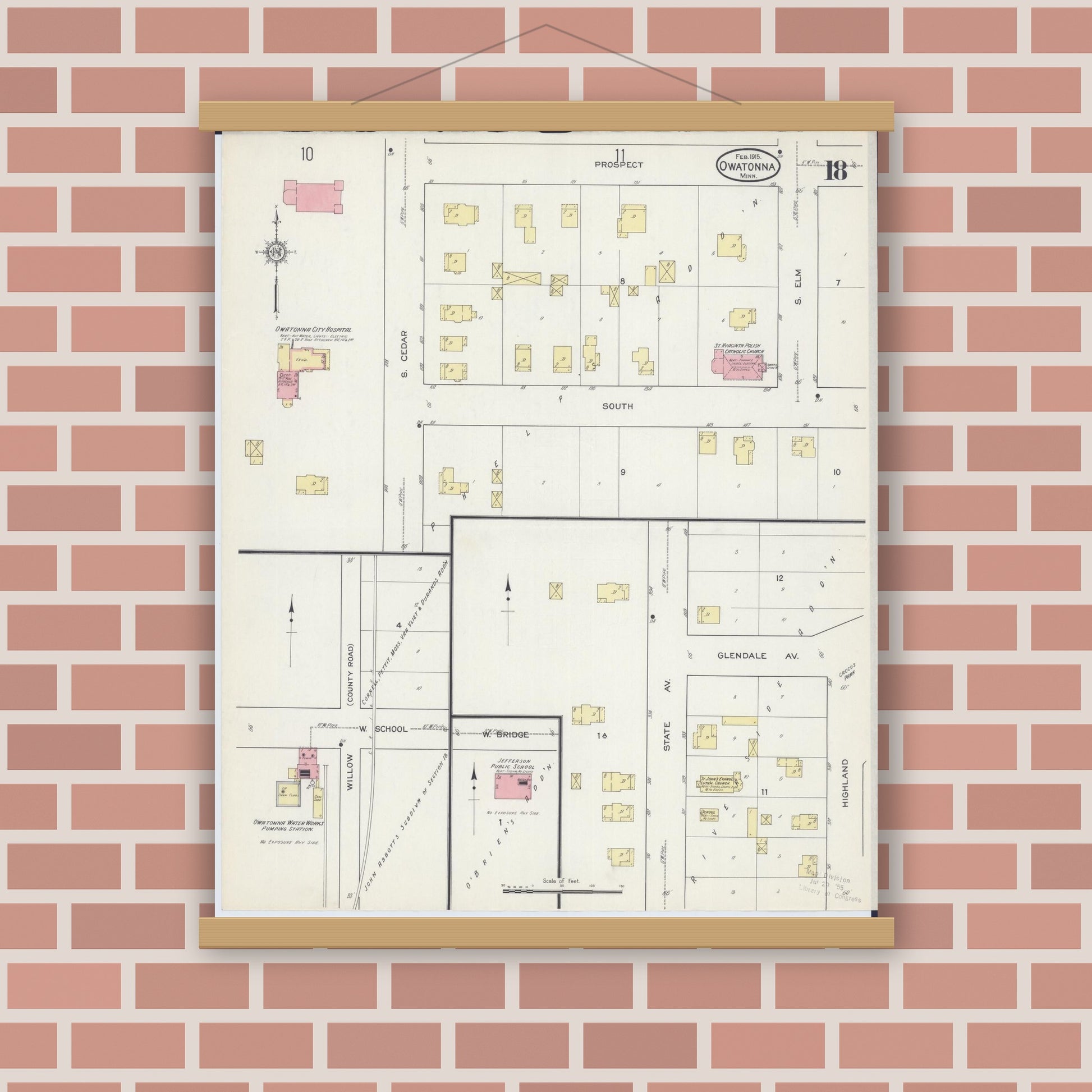 Old map wall art mockup — magnetic wood frame on brick wall — Sanborn Fire Insurance Map from Owatonna, Steele County, Minnesota (1915), Sheet #0018
