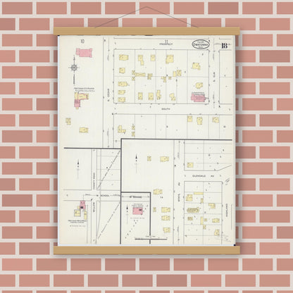 Old map wall art mockup — magnetic wood frame on brick wall — Sanborn Fire Insurance Map from Owatonna, Steele County, Minnesota (1915), Sheet #0018
