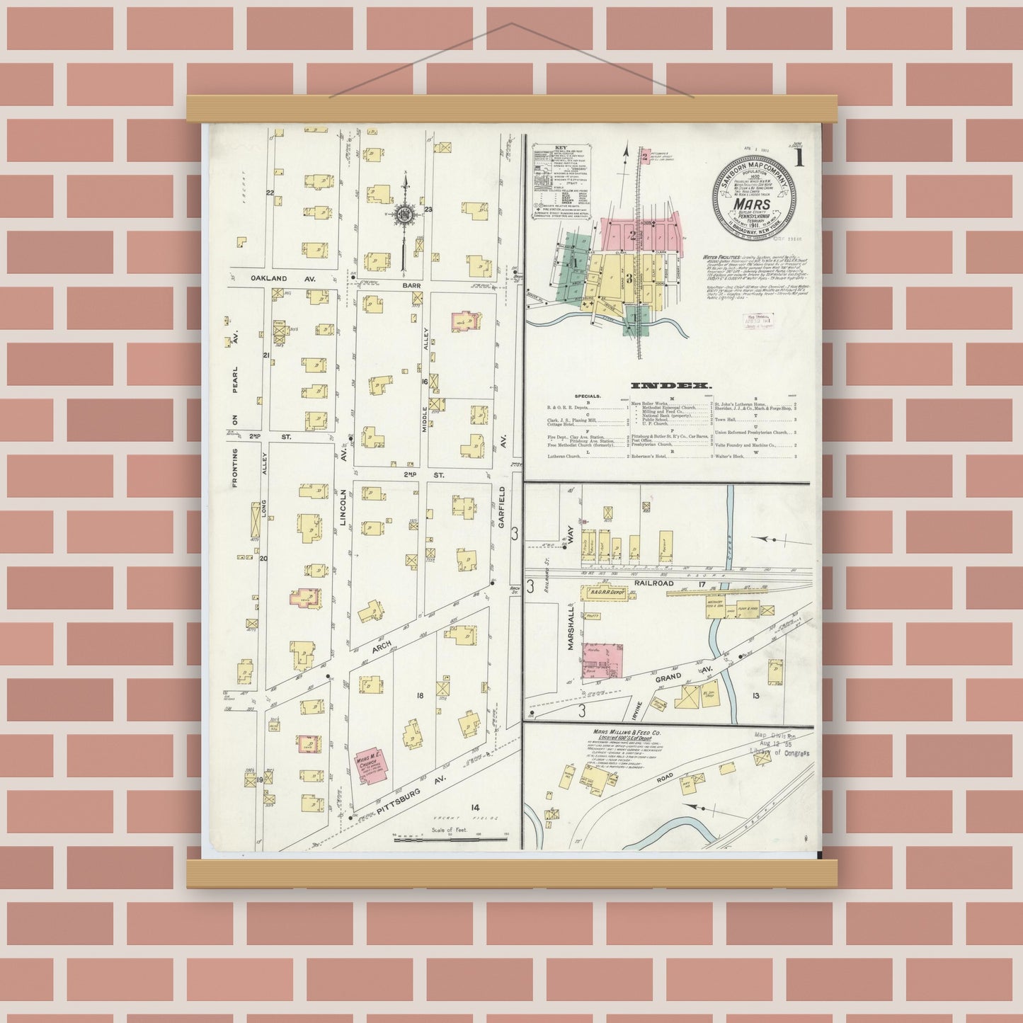 Old map wall art mockup — magnetic wood frame on brick wall — Sanborn Fire Insurance Map from Mars, Butler County, Pennsylvania (1911), Sheet #0001
