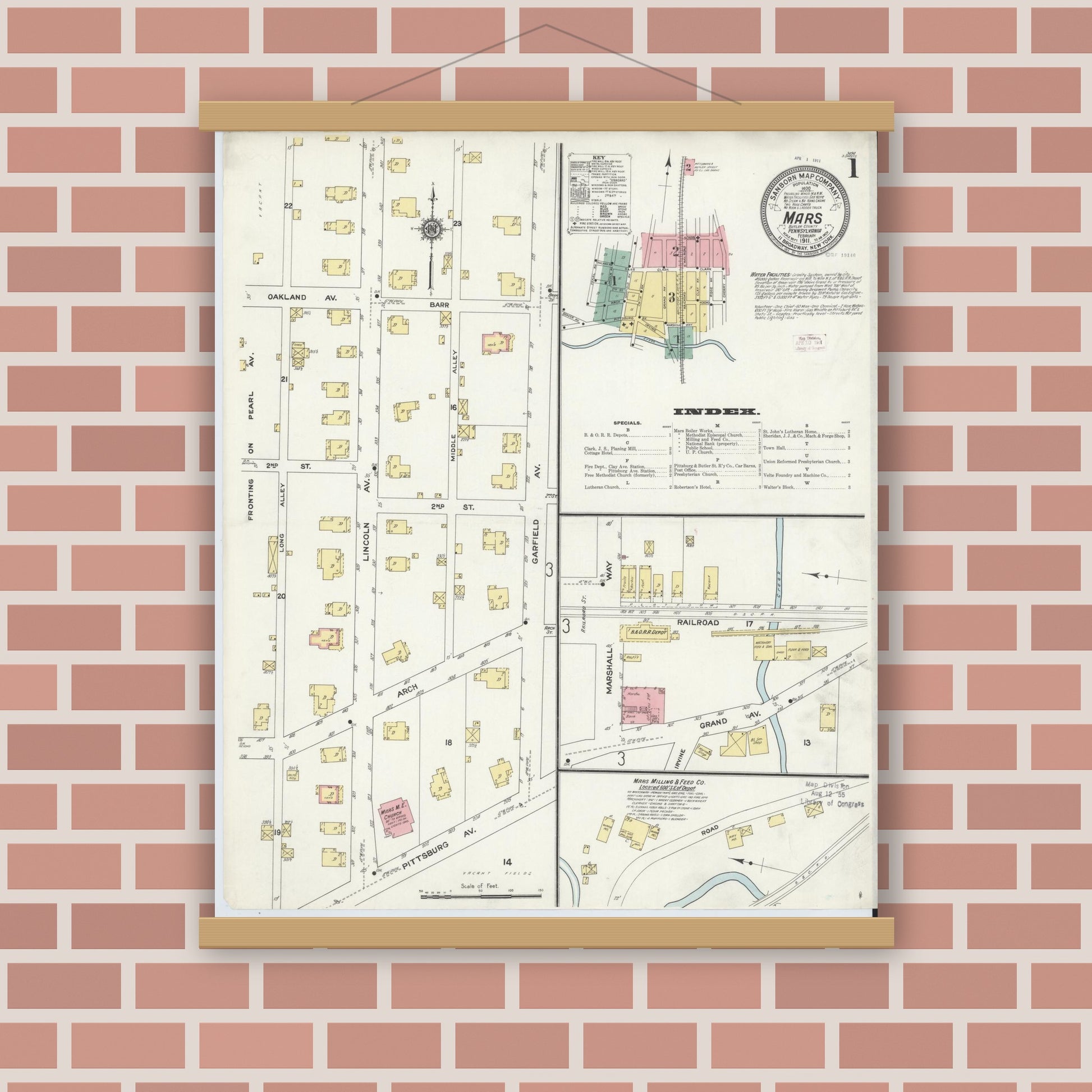 Old map wall art mockup — magnetic wood frame on brick wall — Sanborn Fire Insurance Map from Mars, Butler County, Pennsylvania (1911), Sheet #0001