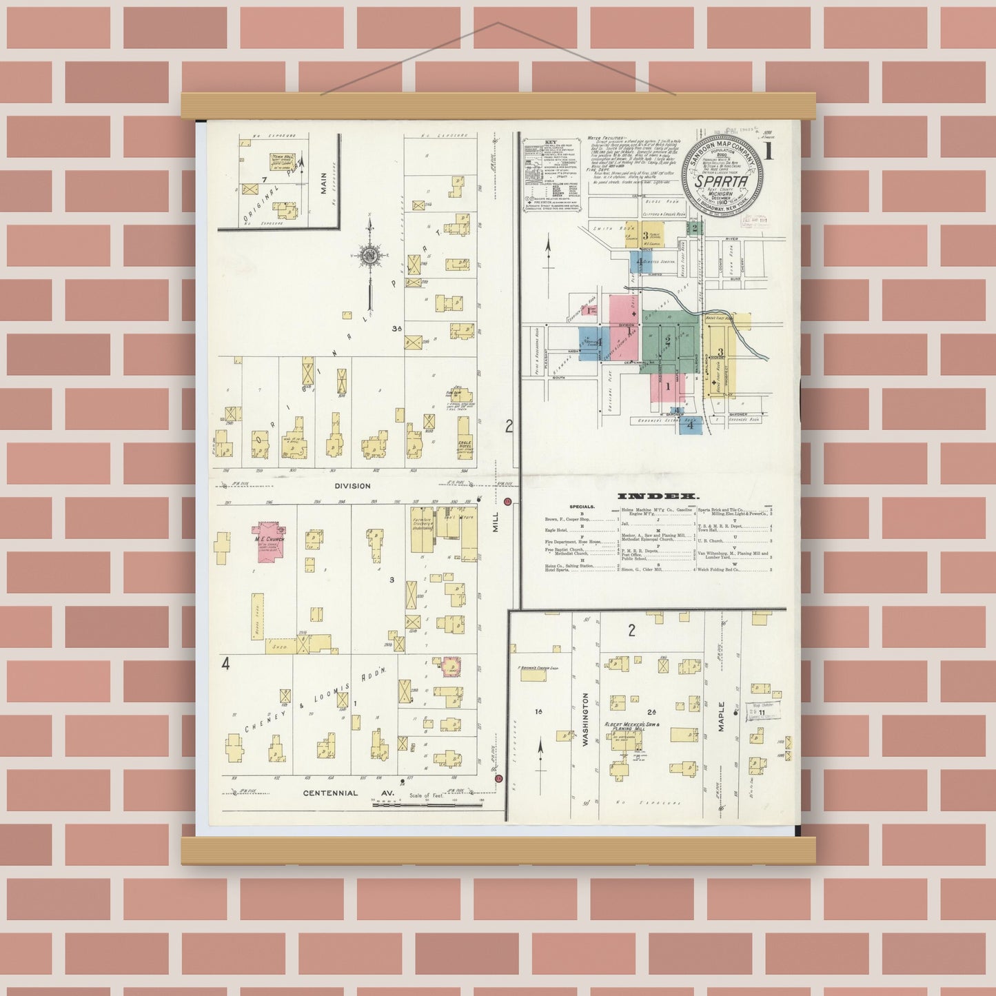 Old map wall art mockup — magnetic wood frame on brick wall — Sanborn Fire Insurance Map from Sparta, Kent County, Michigan (1910) - Complete Map Set