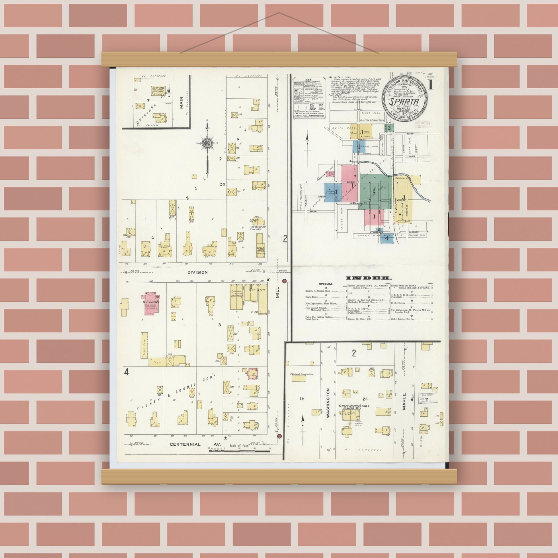 Old map wall art mockup — magnetic wood frame on brick wall — Sanborn Fire Insurance Map from Sparta, Kent County, Michigan (1910) - Complete Map Set