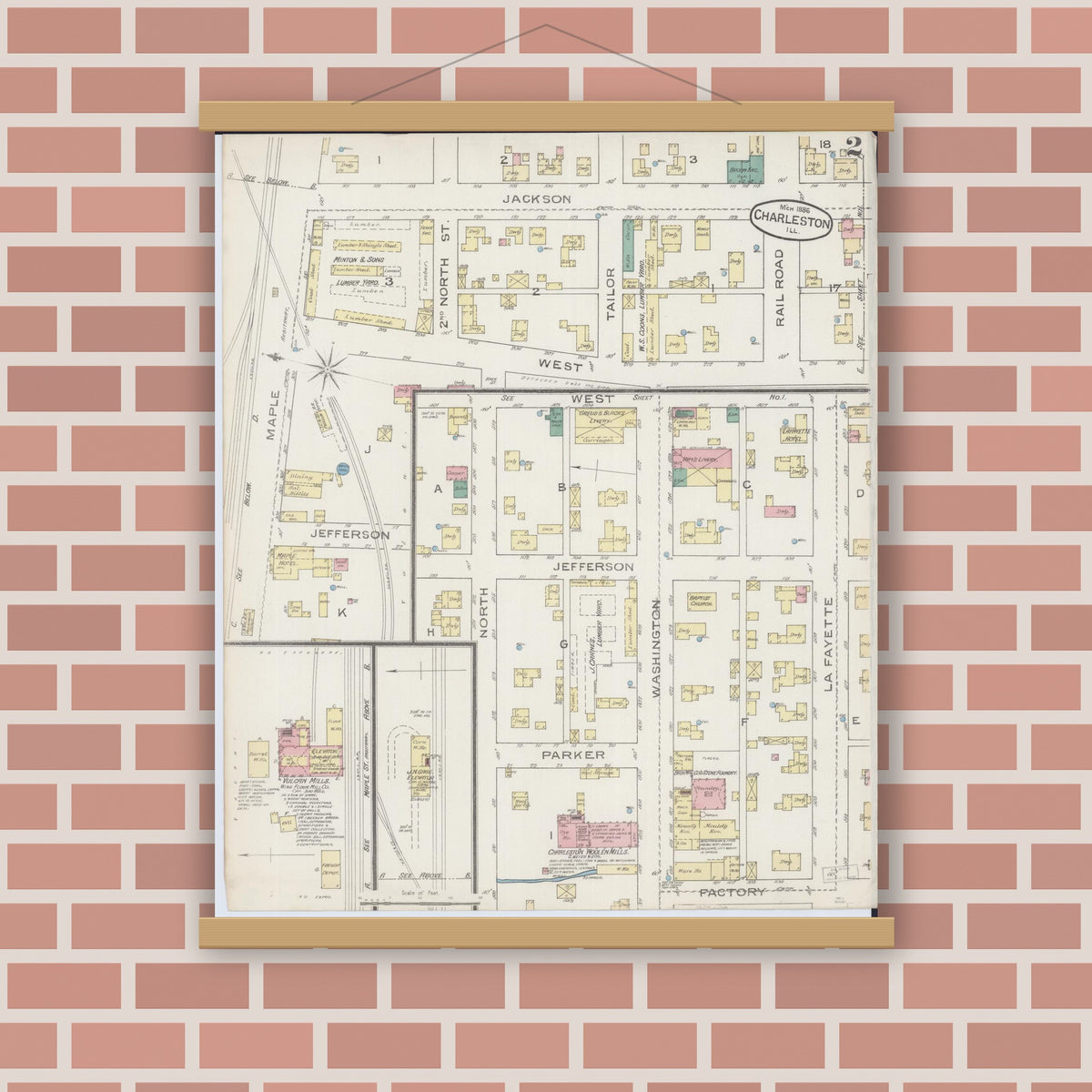 Old map wall art mockup — magnetic wood frame on brick wall — Sanborn Fire Insurance Map from Charleston, Coles County, Illinois (1886), Sheet #0002