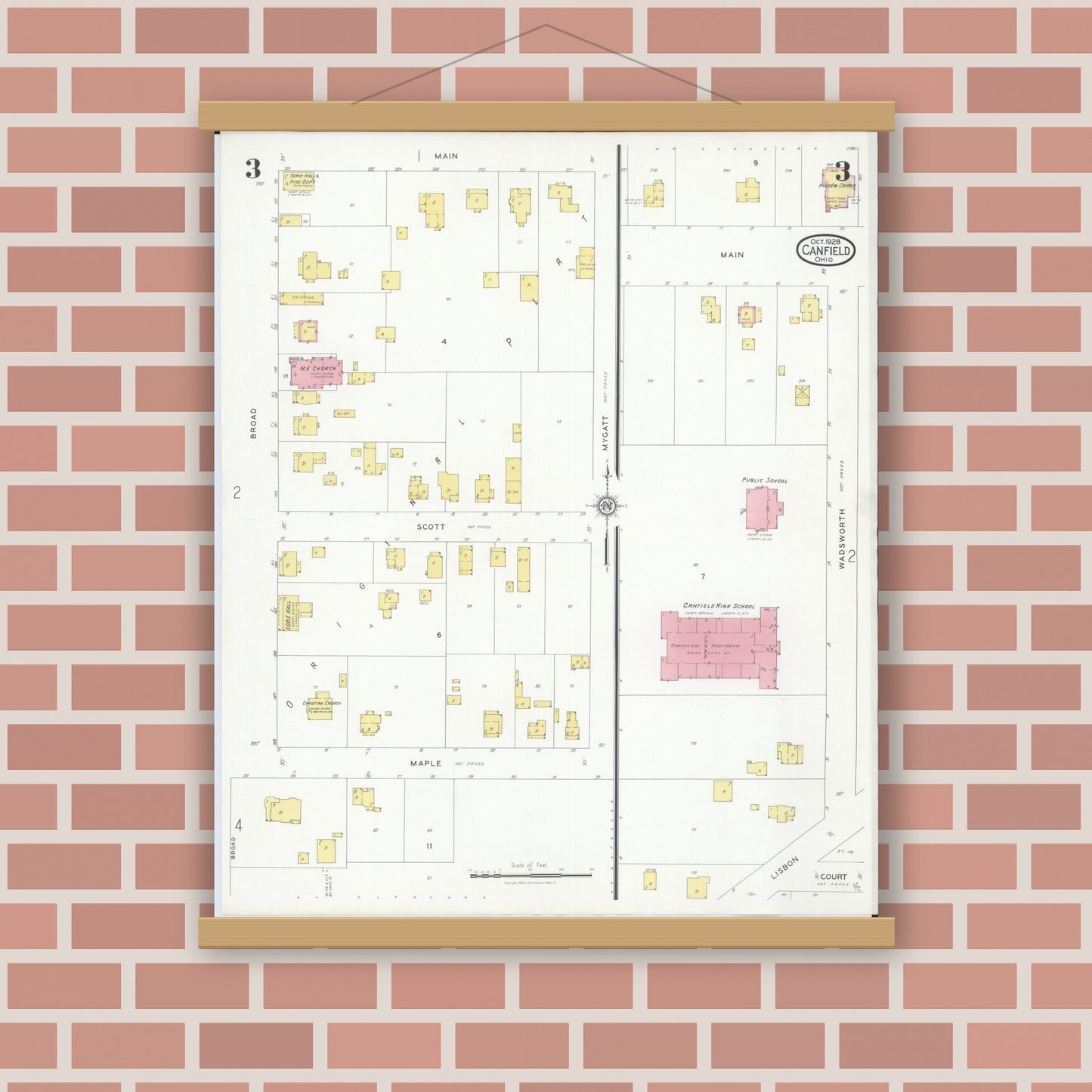 Old map wall art mockup — magnetic wood frame on brick wall — Sanborn Fire Insurance Map from Canfield, Mahoning County, Ohio (1928), Sheet #0003