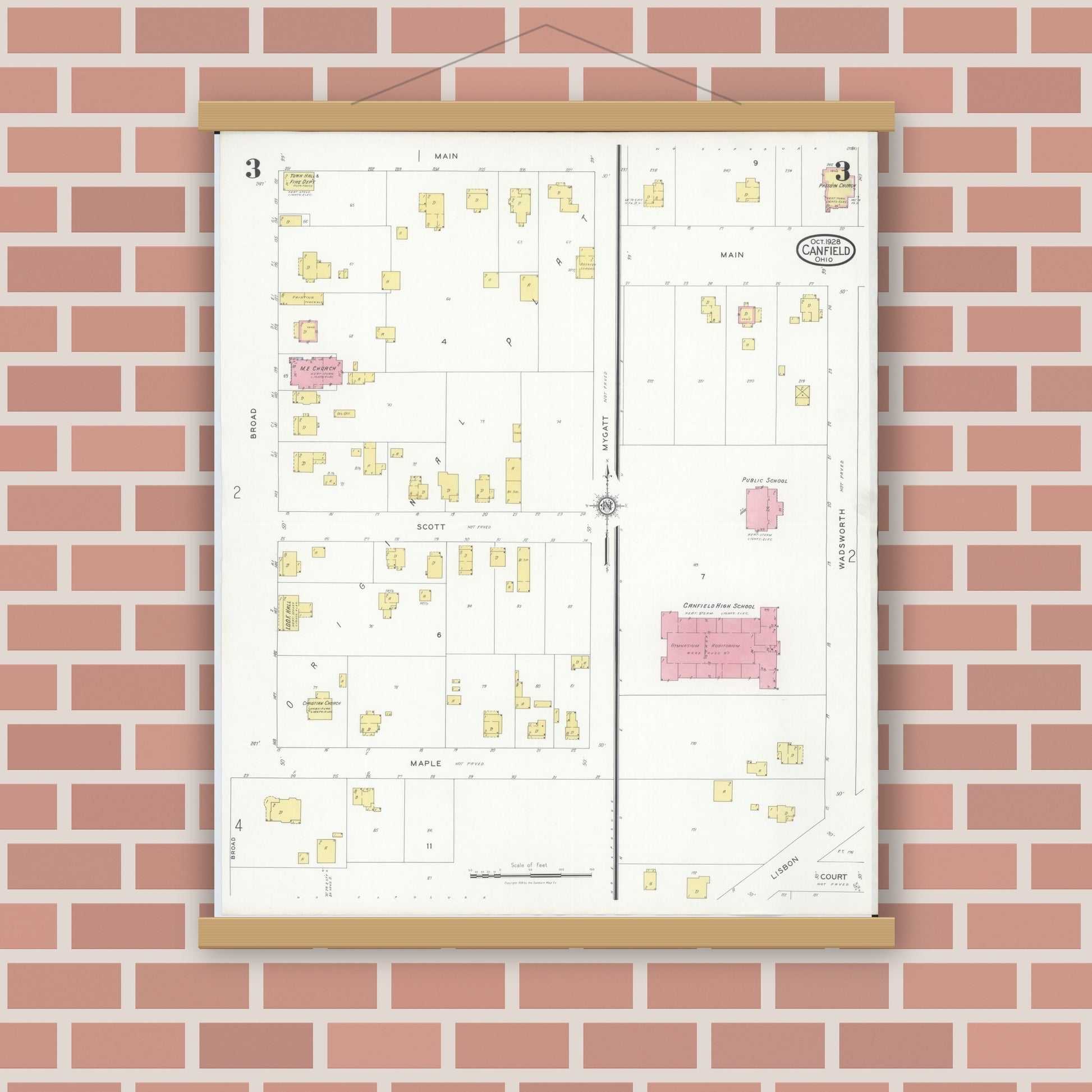 Old map wall art mockup — magnetic wood frame on brick wall — Sanborn Fire Insurance Map from Canfield, Mahoning County, Ohio (1928), Sheet #0003