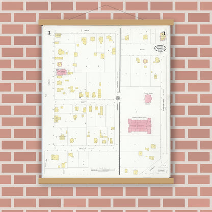 Old map wall art mockup — magnetic wood frame on brick wall — Sanborn Fire Insurance Map from Canfield, Mahoning County, Ohio (1928), Sheet #0003
