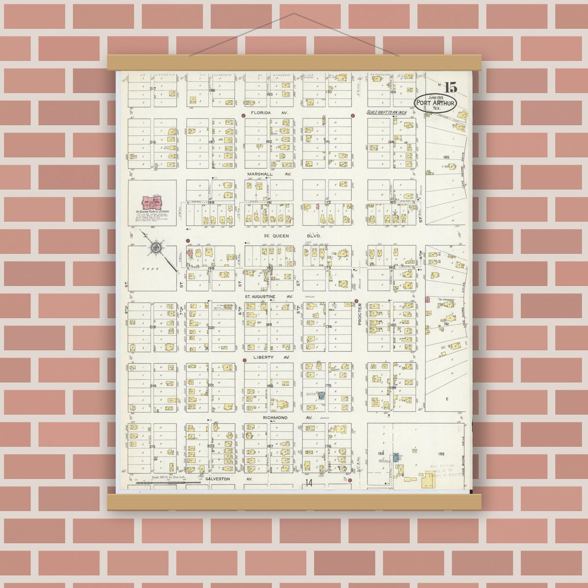 Old map wall art mockup — magnetic wood frame on brick wall — Sanborn Fire Insurance Map from Port Arthur, Jefferson County, Texas (1915), Sheet #0015
