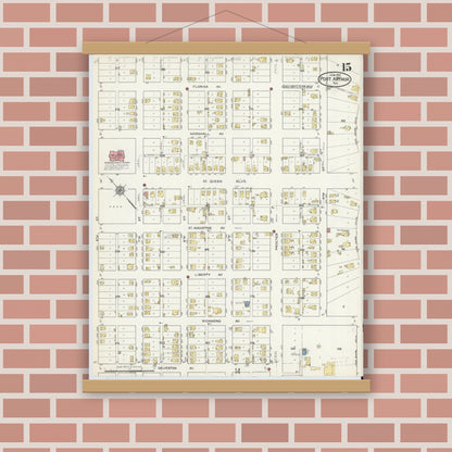 Old map wall art mockup — magnetic wood frame on brick wall — Sanborn Fire Insurance Map from Port Arthur, Jefferson County, Texas (1915), Sheet #0015