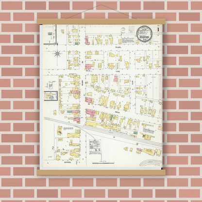Old map wall art mockup — magnetic wood frame on brick wall — Sanborn Fire Insurance Map from Bradford, Darke and Miami Counties, Ohio (1901), Sheet #0001