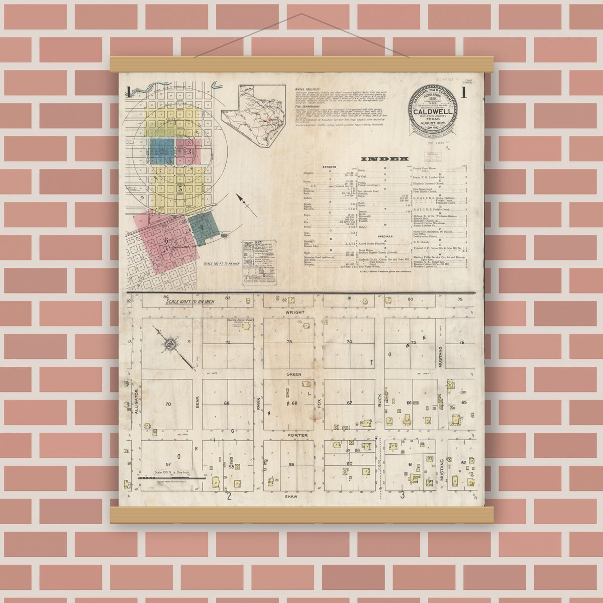Old map wall art mockup — magnetic wood frame on brick wall — Sanborn Fire Insurance Map from Caldwell, Burleson County, Texas (1925), Sheet #0001