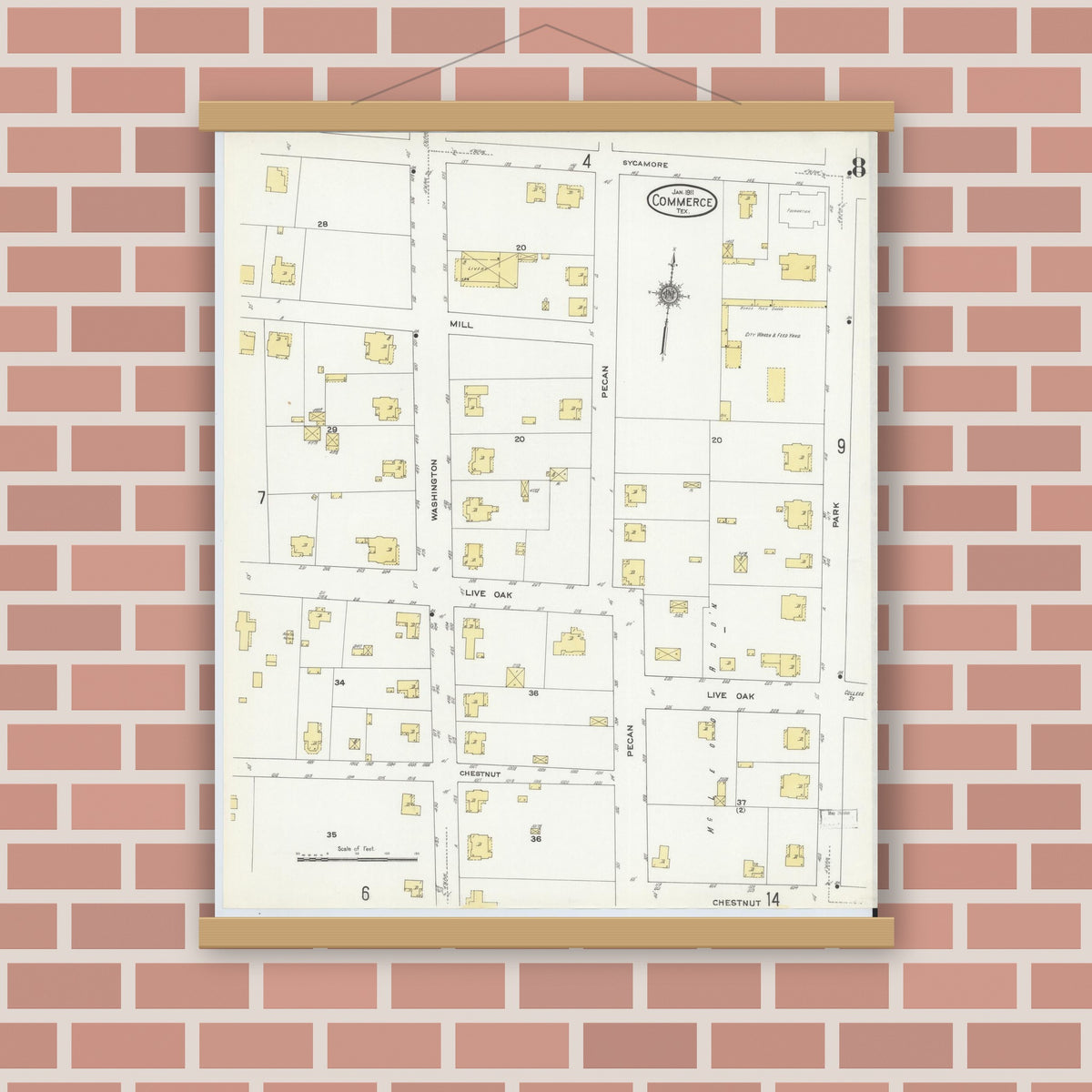 Old map wall art mockup — magnetic wood frame on brick wall — Sanborn Fire Insurance Map from Commerce, Hunt County, Texas (1911), Sheet #0008