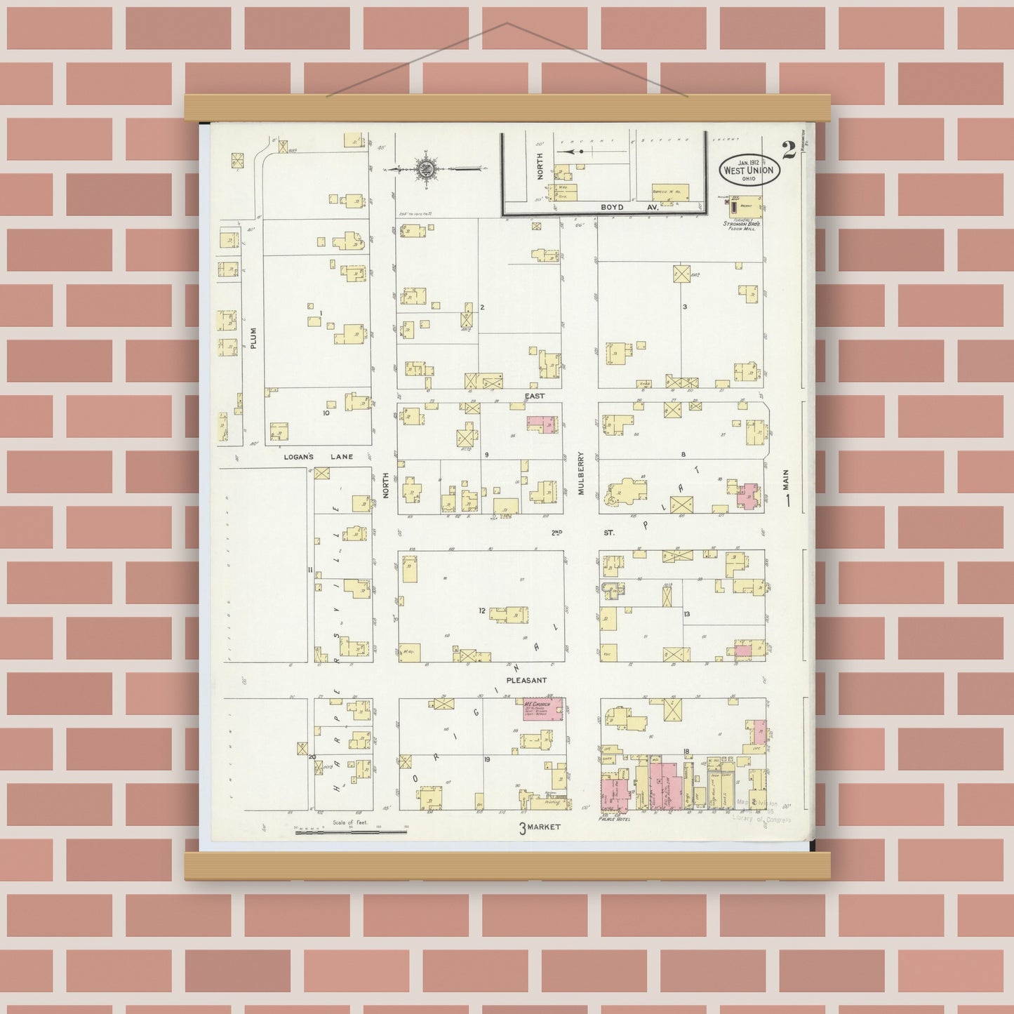 Old map wall art mockup — magnetic wood frame on brick wall — Sanborn Fire Insurance Map from West Union, Adams County, Ohio (1912), Sheet #0002