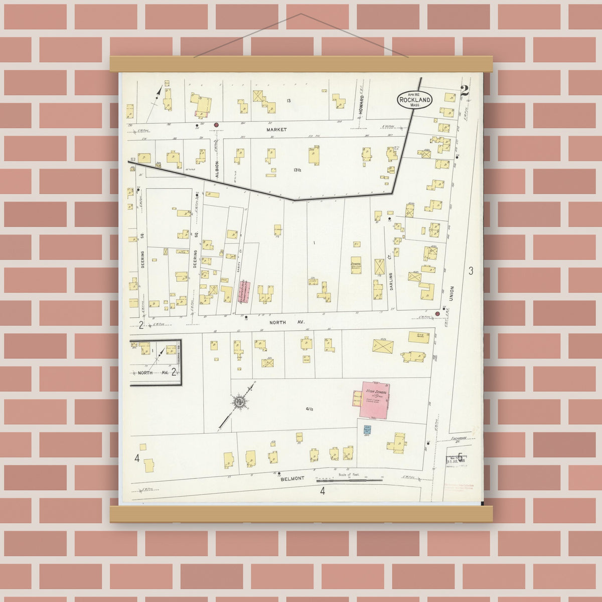 Old map wall art mockup — magnetic wood frame on brick wall — Sanborn Fire Insurance Map from Rockland, Plymouth County, Massachusetts (1912), Sheet #0002