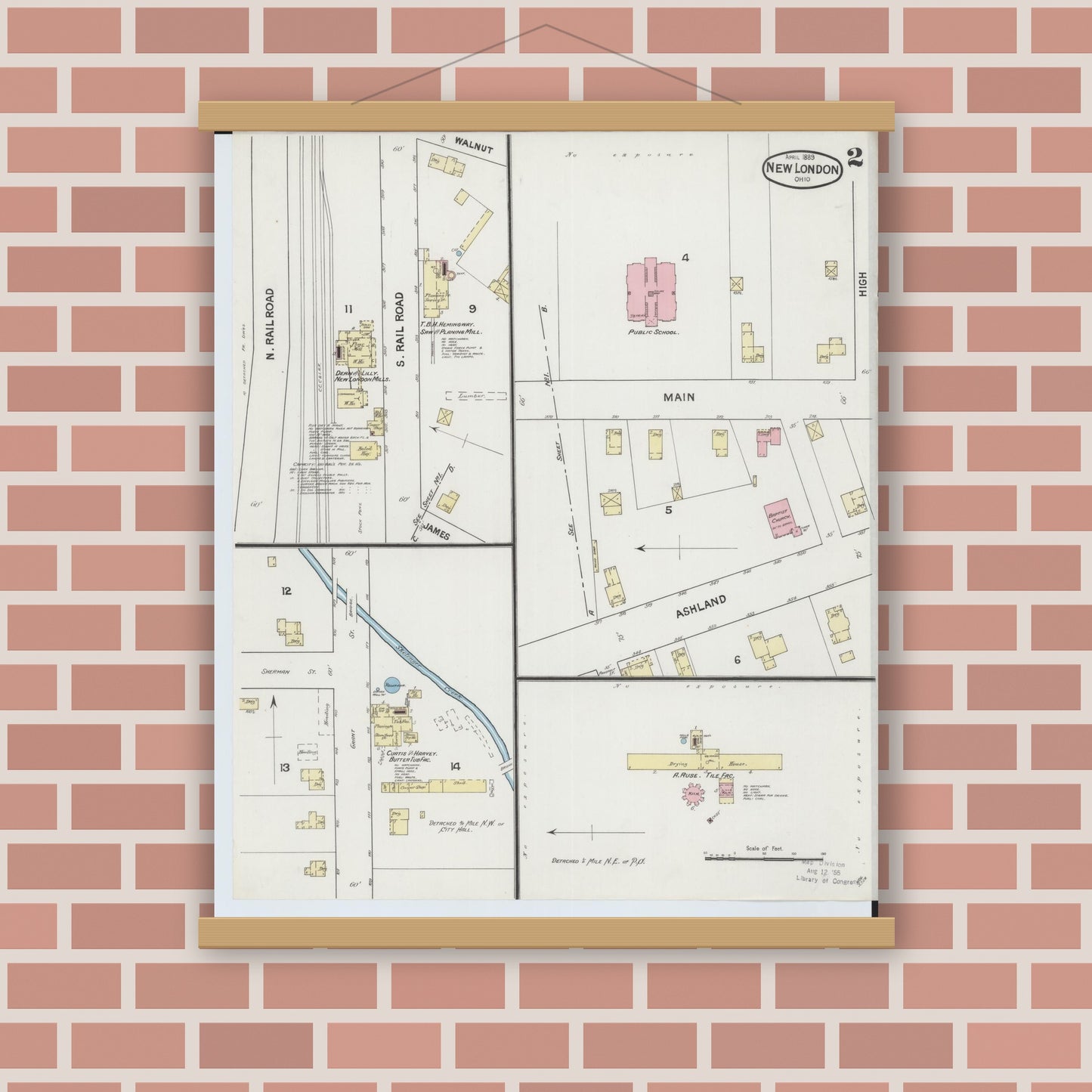 Old map wall art mockup — magnetic wood frame on brick wall — Sanborn Fire Insurance Map from New London, Huron County, Ohio (1889), Sheet #0002