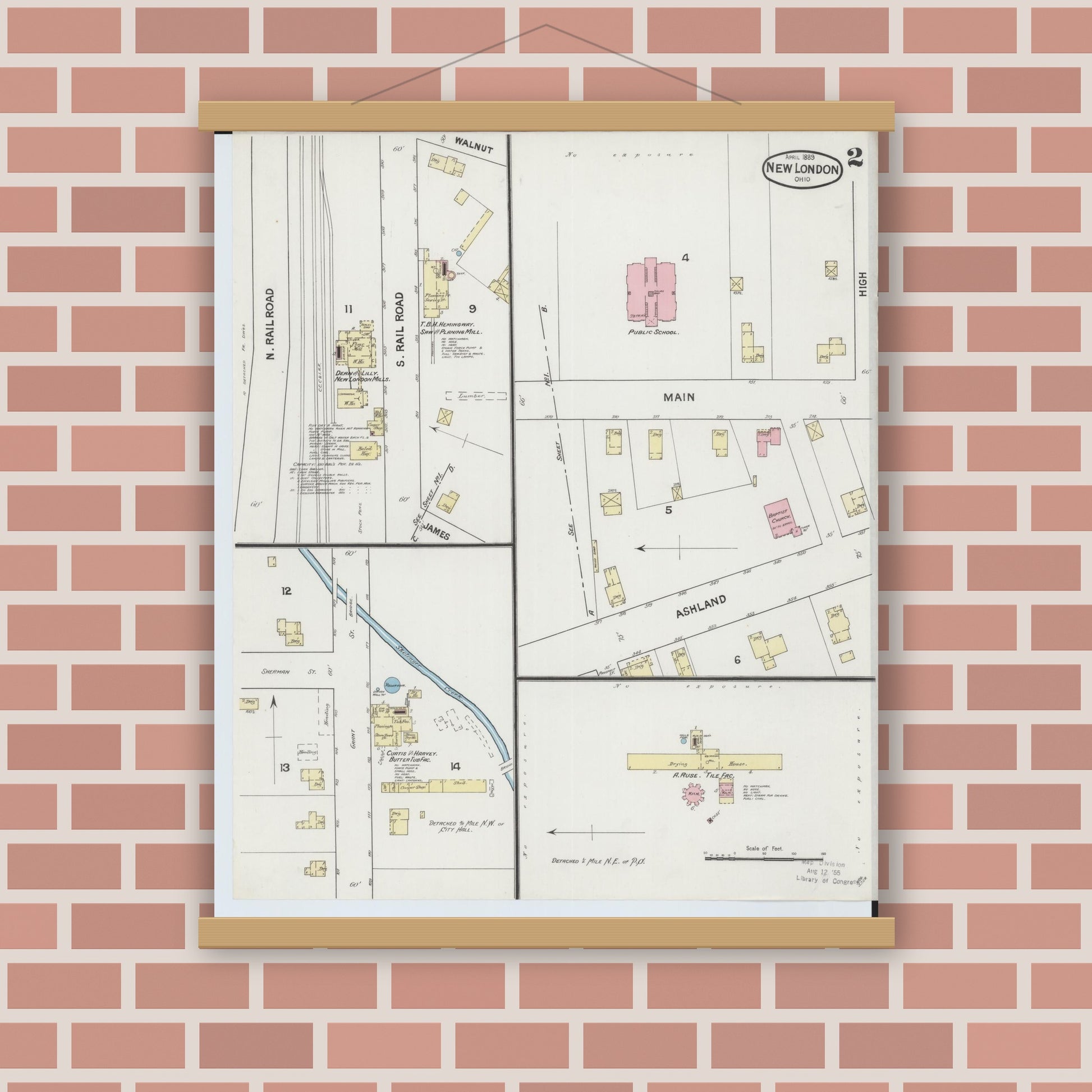Old map wall art mockup — magnetic wood frame on brick wall — Sanborn Fire Insurance Map from New London, Huron County, Ohio (1889), Sheet #0002