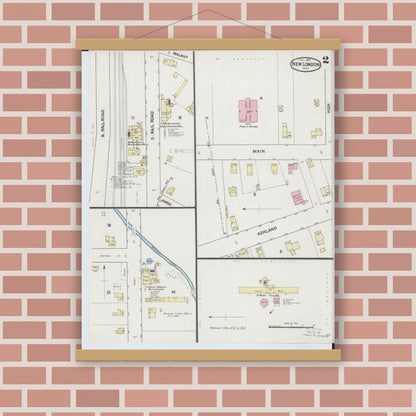 Old map wall art mockup — magnetic wood frame on brick wall — Sanborn Fire Insurance Map from New London, Huron County, Ohio (1889), Sheet #0002
