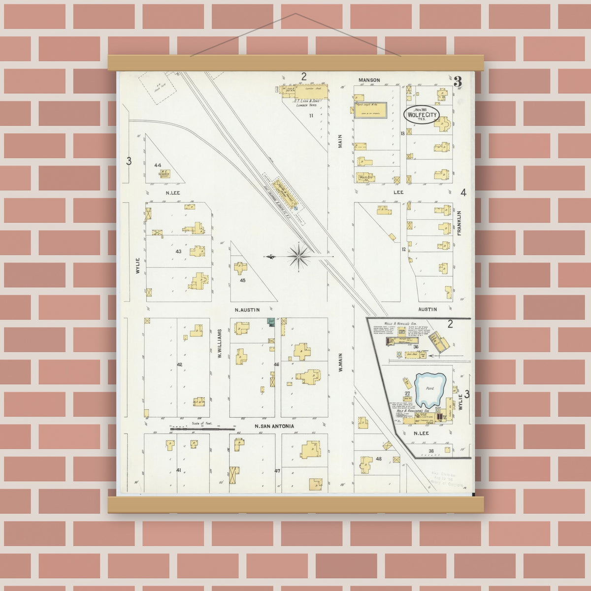Old map wall art mockup — magnetic wood frame on brick wall — Sanborn Fire Insurance Map from Wolfe City, Hunt County, Texas (1901), Sheet #0003
