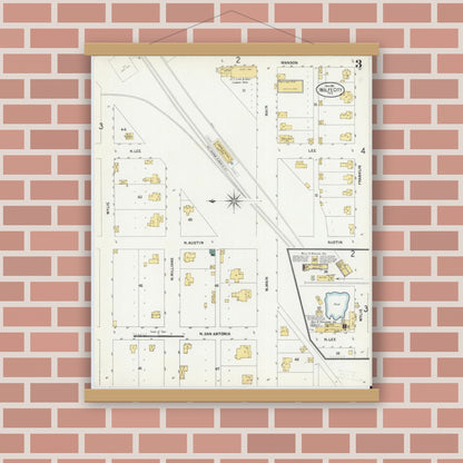 Old map wall art mockup — magnetic wood frame on brick wall — Sanborn Fire Insurance Map from Wolfe City, Hunt County, Texas (1901), Sheet #0003