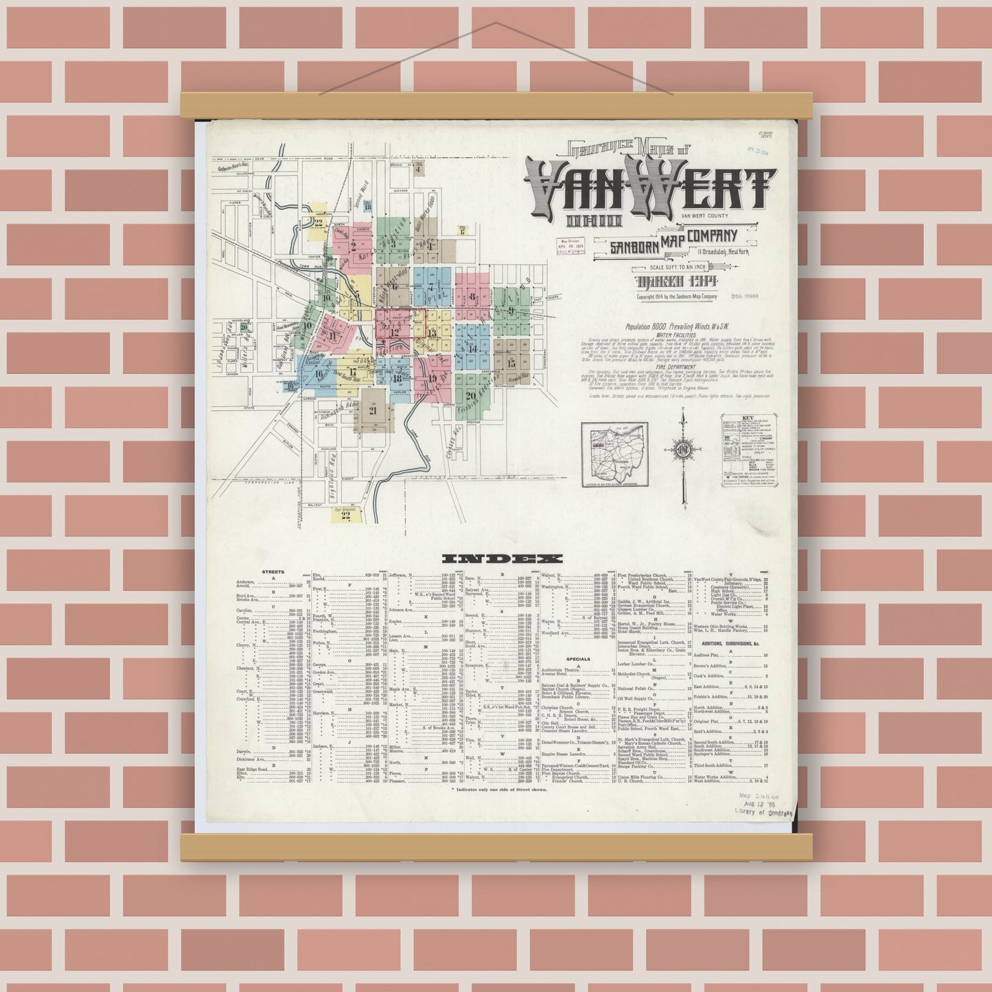 Old map wall art mockup — magnetic wood frame on brick wall — Sanborn Fire Insurance Map from Van Wert, Van Wert County, Ohio (1914), Sheet #0001
